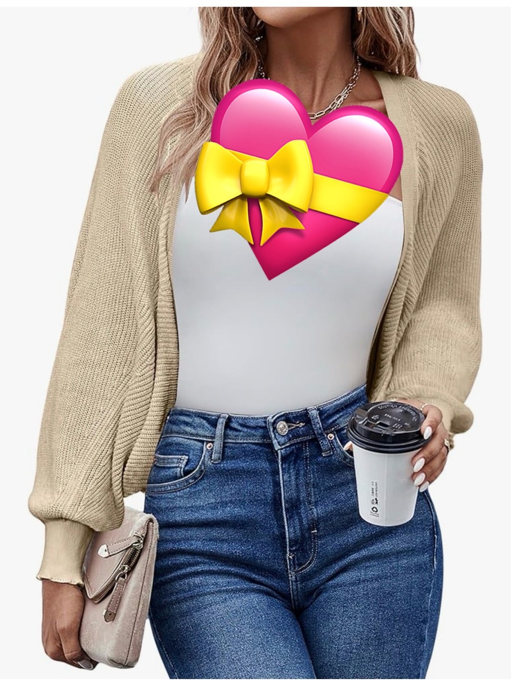 Light Beige Open-Front Knit Cardigan with Balloon Sleeves